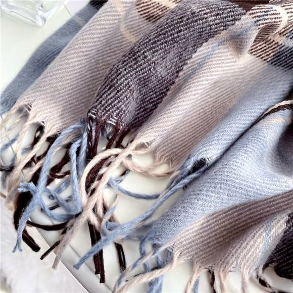 NEW Large Plaid Cashmere Scarf Blue Cream Brown Fringe Winter Wrap Pashmina - Picture 4 of 8